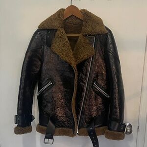 Allsaints Women’s  Black and Brown Shearling patent Leather Moto jacket